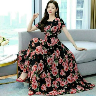 Đầm thời trang nữ dự tiệc sang trong chất voan hoa hồng cổ tròn tay ngắn dáng váy xoè dài maxi trẻ dung dịu dàng
