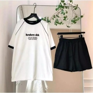 Bộ quần đùi áo thun unisex nữ tay lỡ form rộng chất cotton su in chữ  KRAKEN THUUNISEX M120