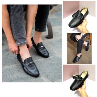 Giày Lười Moca Da Trơn Đen Siêu Mềm Toroshoes Da Bò Mã M666 (5 Kiểu Đai)