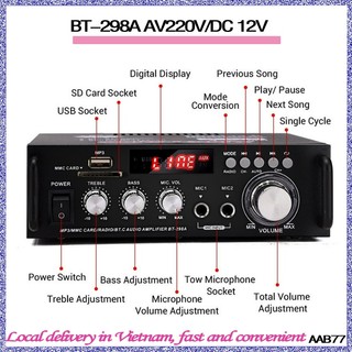 Bộ khuếch đại Bluetooth 12V/220V/Bộ khuếch đại âm thanh/Bộ khuếch đại mini BT-298 🔥Bộ khuếch đại âm thanh Karaoke>>