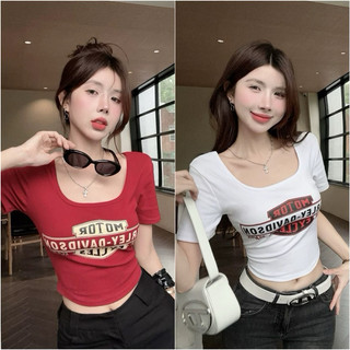 Áo thun croptop kiểu in chữ cổ chữ u hot ccut gb