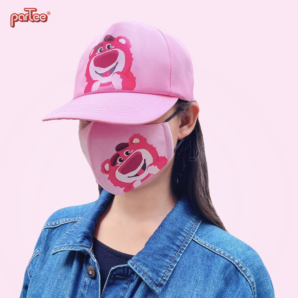 THƠM DÂU | Khẩu Trang Gấu Dâu LOTSO Cute Vải Bịt Mặt Chống Nắng 3 Lớp Ôm Mặt Có Nút Chỉnh Dây Đeo parteesh