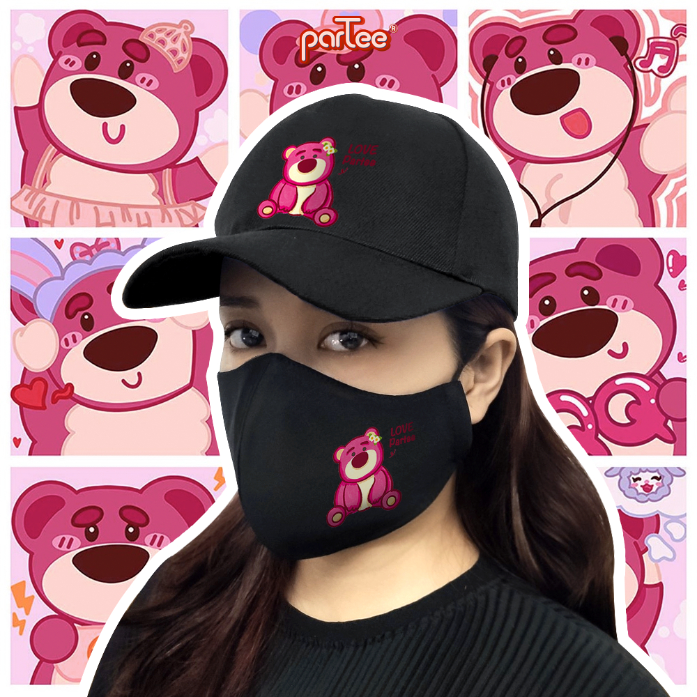 THƠM DÂU | Khẩu Trang Gấu Dâu LOTSO Cute Vải Bịt Mặt Chống Nắng 3 Lớp Ôm Mặt Có Nút Chỉnh Dây Đeo parteesh