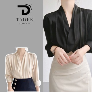 Áo sơ mi nữ lụa dài tay - áo sơ mi nữ lụa cổ chữ v nhún vai sang trọng a136