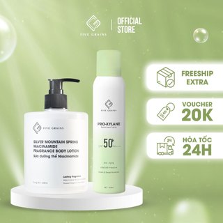 Combo kem chống nắng Five Grains nâng tone Pro-Xylane dạng xịt 160ml, dưỡng thể dưỡng trắng Niacinamide 500ml