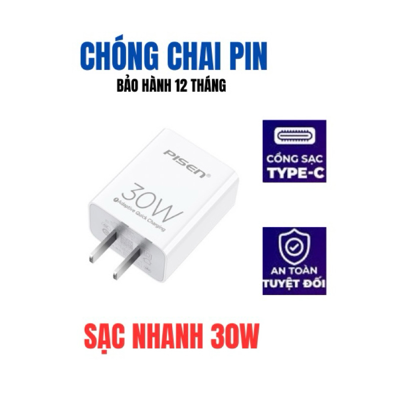 Bộ sạc nhanh Pisen Quick PD 30W GAN- Bảo vệ Pin BH 12 tháng Chính Hãng