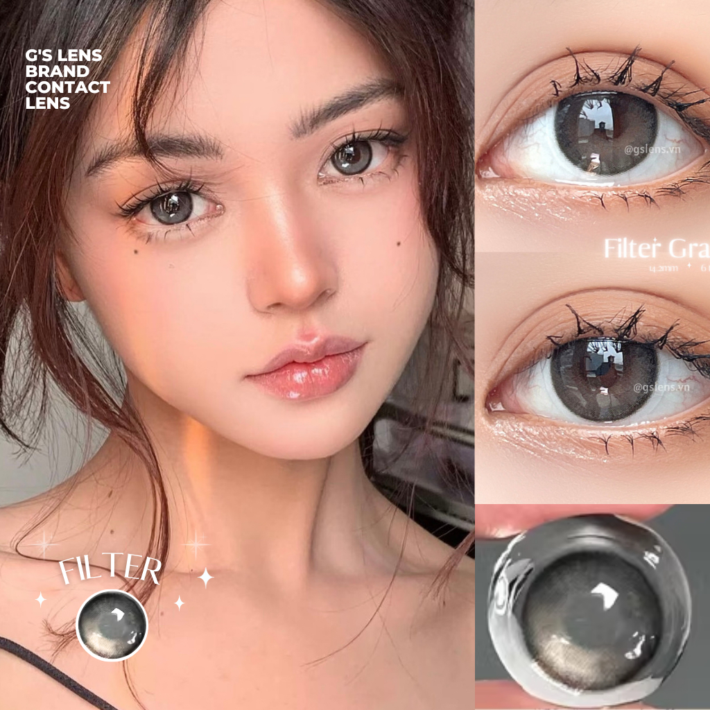 Lens Mắt Kính Áp Tròng Xám Filter Tự Nhiên FILTER GRAY Giãn Ít Size S 14.2mm Có Từ 0 Đến 6 Độ Lệch Độ