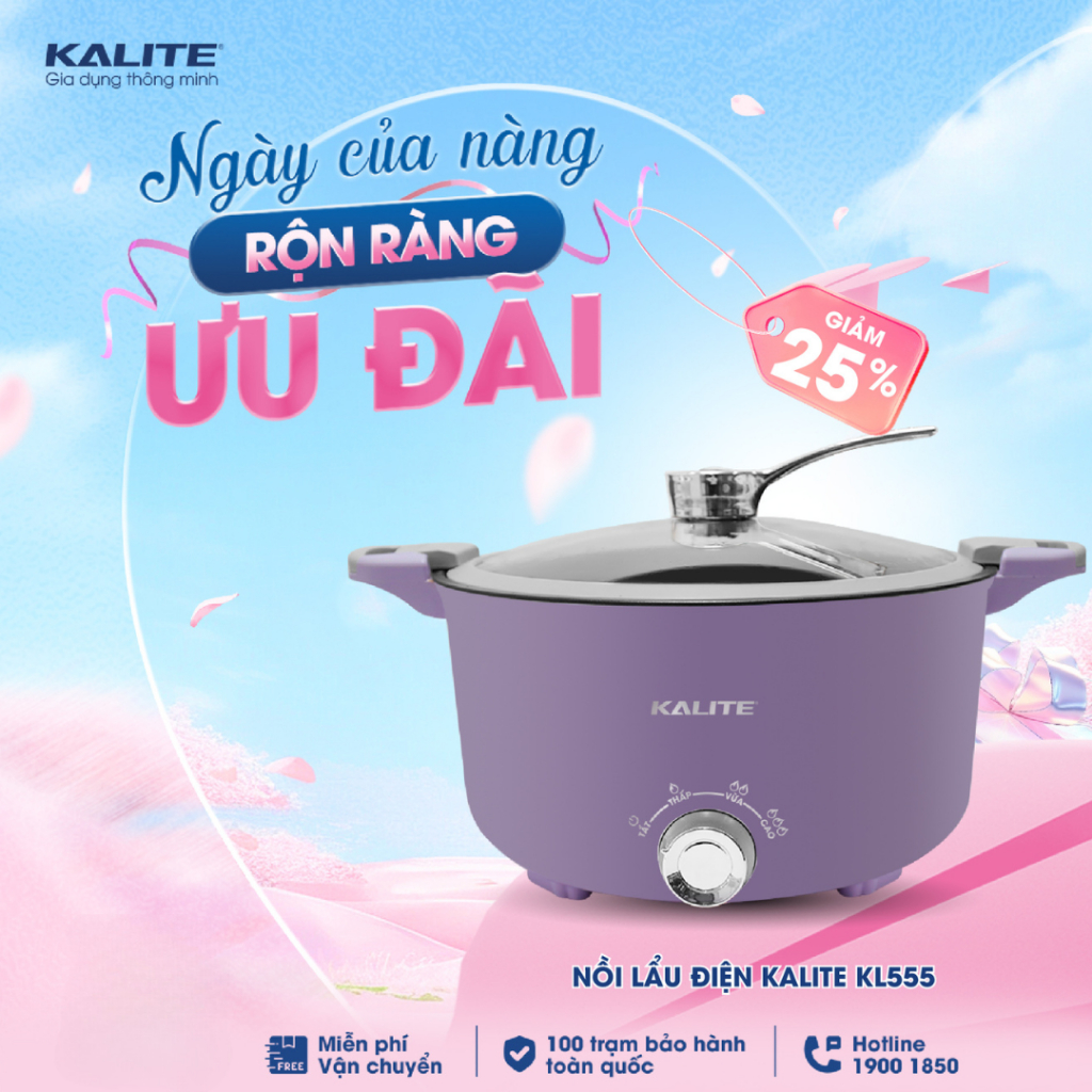 Nồi lẩu điện Kalite KL555 dung tích 5L công suất 1000W nấu xào lẩu hấp 4in1