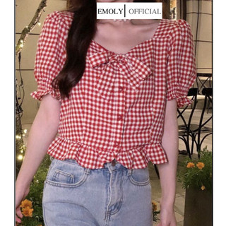 Áo babydoll kẻ caro đỏ họa tiết viền bèo phối nơ dáng ngắn thời trang mùa hè