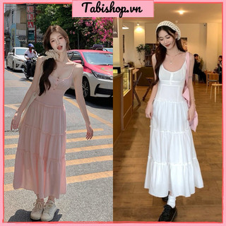  Đầm maxi 2 dây xếp tầng màu trắng hồng TABISHOP Váy đi biển form dài baáic ko kén dáng chất mềm mát siêu xinh 