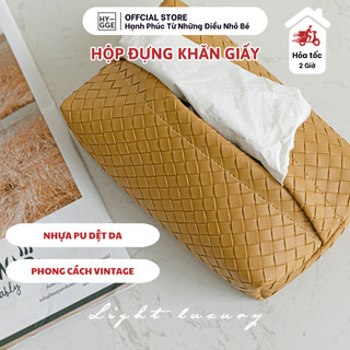 Hộp đựng giấy ăn chất liệu nhựa pu hoạ tiết dệt da phong cách vintage, hộp đựng khăn giấy decor phòng khách hygge