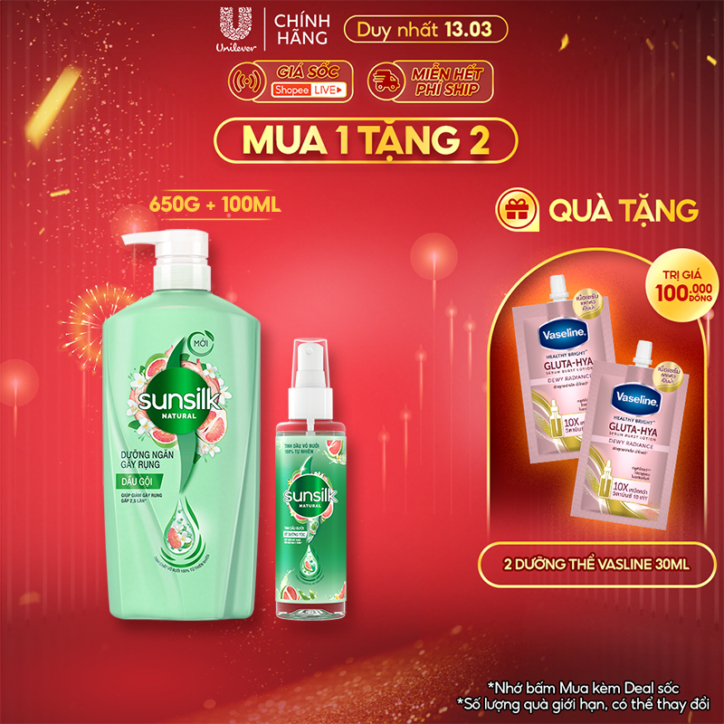 Combo Dầu gội và Xịt dưỡng tóc tinh chất bưởi Sunsilk Natural Dưỡng ngăn Gãy rụng 650g, 100ml