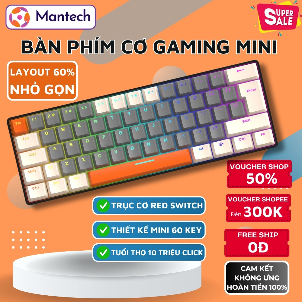 Bàn Phím Cơ Mini Mantech T60 Led Pro, Trục Cơ Red Switch Dùng Văn Phòng CHơi Game Cực Đã, Phím Nhỏ G