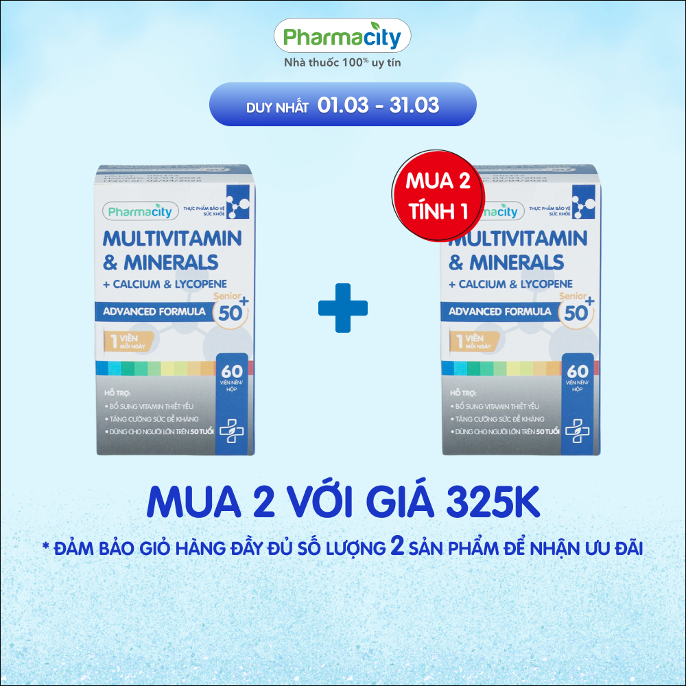 Thực phẩm Pharmacity bảo vệ sức khỏe Advanced Formula Senior 50+ Multivitamin&Minerals+Calcium & Lycopene (Chai 60viên)