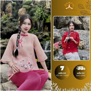 Đồ lam đi chùa kiểu, bộ quần áo đi lễ chùa, pháp phục đi chùa họa tiết hoa tinh tế pháp phục ngọc diệp