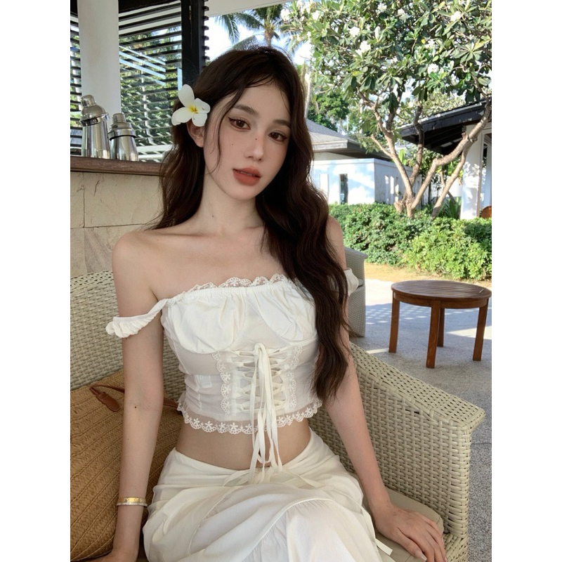 Set đồ đi biển màu trắng TABISHOP Set áo croptop trễ vai phối chân váy dài sang chảnh hottrend mặc hè(11) | BigBuy360 - bigbuy360.vn