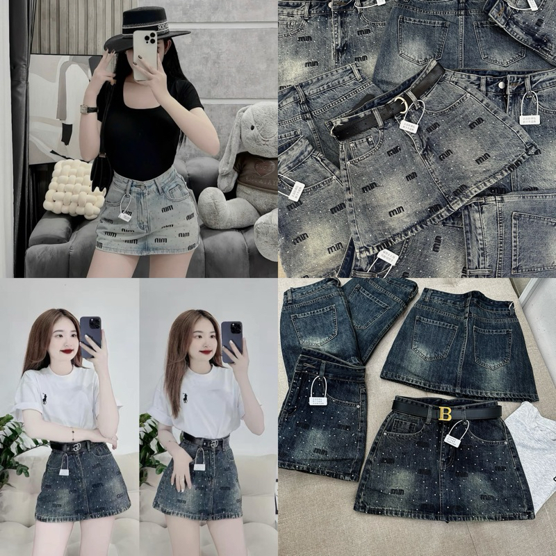 Chân Váy Jean Ngắn Chữ A Thêu MIU Đính Đá ( ảnh thật shop chụp )