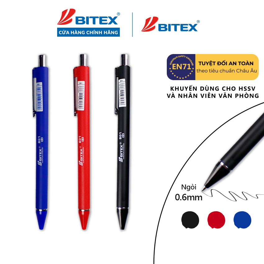 Bút Lông bi Bitex B01 ngòi 0.6mm mực xanh, đỏ, đen