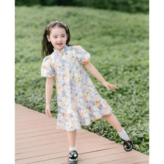 Váy đầm bé gái Anniebaby váy hoa nhí cổ tàu đính ngọc chân váy xòe chất thô hàn cho bé từ 13-40kg Quần áo trẻ em VA23058