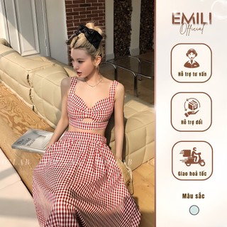 Set áo cúp ngực 2 dây Emili phối chân váy xòe kẻ sọc phong cách kiểu nữ