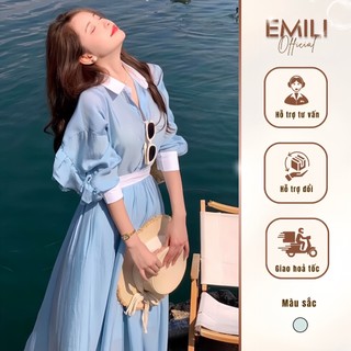 Đầm sơ mi cổ bẻ Emili đầm dài tay dáng xòe phong cách
