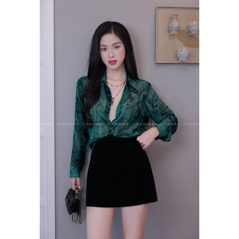 Áo nữ đẹp vải voan tơ đính đá bắt sáng, áo sơ mi Yenny Shop thiết kế đẹp form giấu quần 2 màu xanh xinh xẻo