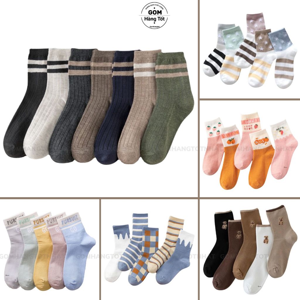Set 5 đôi tất nữ cute cổ cao vintage chất cotton mềm mỏng thoáng mát, vớ cổ cao nữ thời trang 5 đôi sử dụng cả tuần