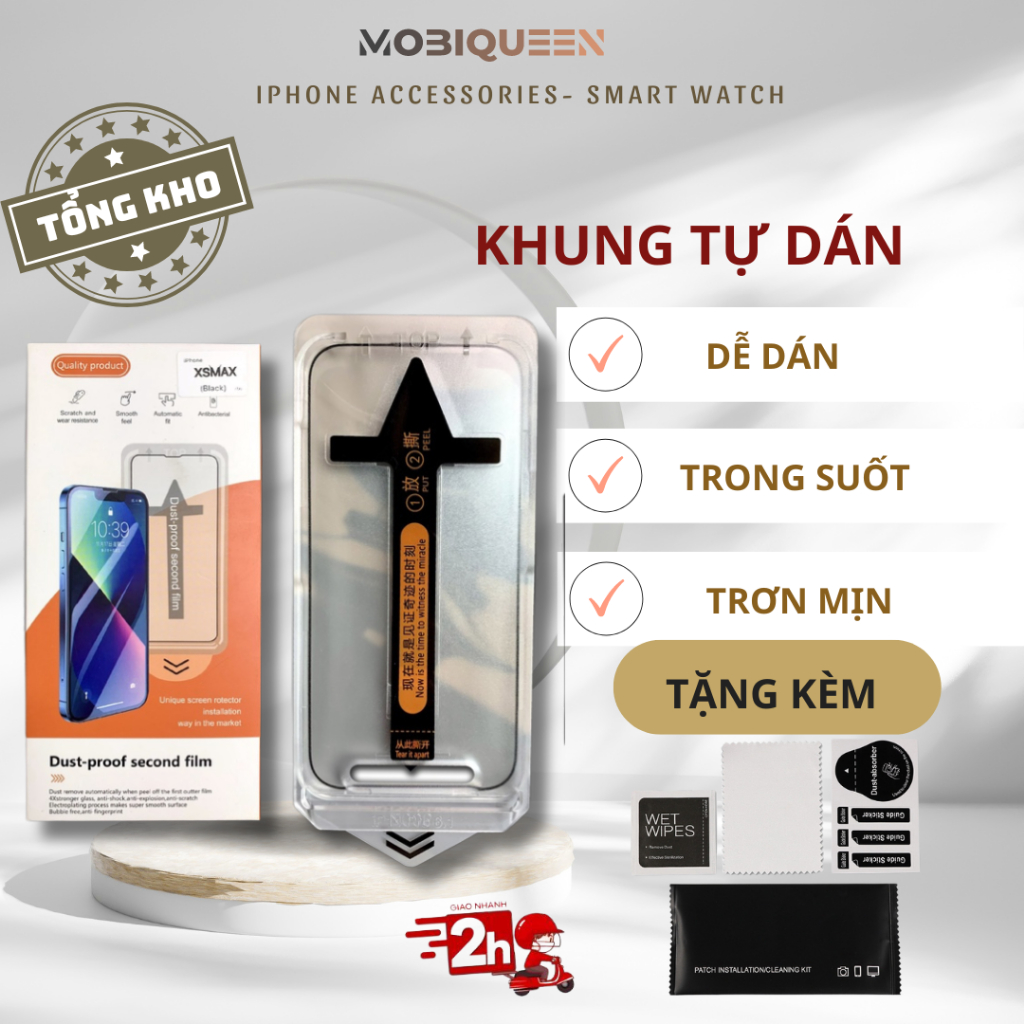 Kính cường lực IP khung dán tự động siêu dễ dán, viền mỏng, chống bám bụi khi dán độ cứng 9H  .