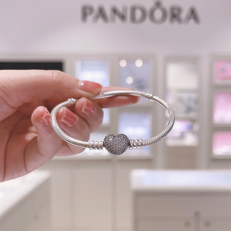 Vòng Tay Pandora Moments Sparkling Heart Clasp Snake Chain Bracelet Pan2015 Fullbox - Bạc S925 - Giao hàng nhanh