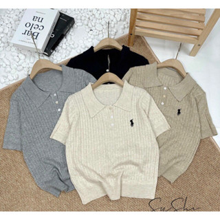 Áo len cộc tay thêu ngựa cổ bẻ chất liệu mềm mịn