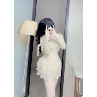 (T'achi) Set áo gân bẹt vai lật ngực tay dài kèm kèm chân váy voan 3 tầng viền ren