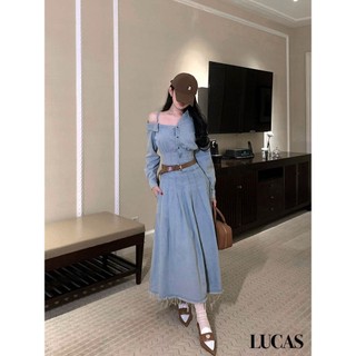 Váy xanh cổ đức lệch vai tay dài, chân váy a dài basic