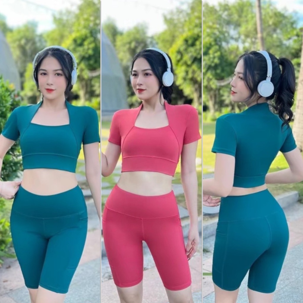 Bộ tập Gym nữ, quần áo tập gym yoga aerobic nữ áo croptop kết hợp quần ngố legging cạp cao có tút- (Ng12)