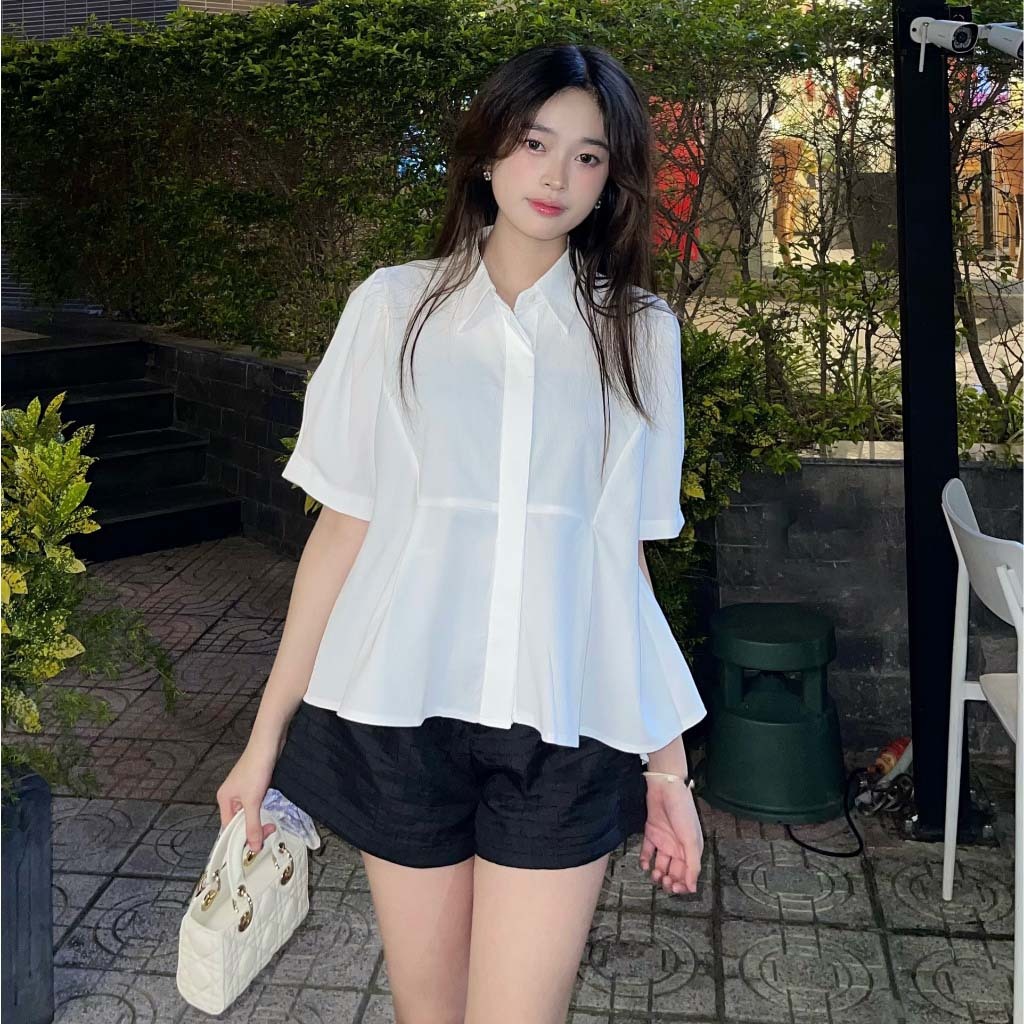 Áo babydoll cổ sơ mi tay ngắn vạt xòe dáng ngắn màu vintage MAILYLY STORE áo sơ mi dáng ngắn formbabydoll | BigBuy360 - bigbuy360.vn