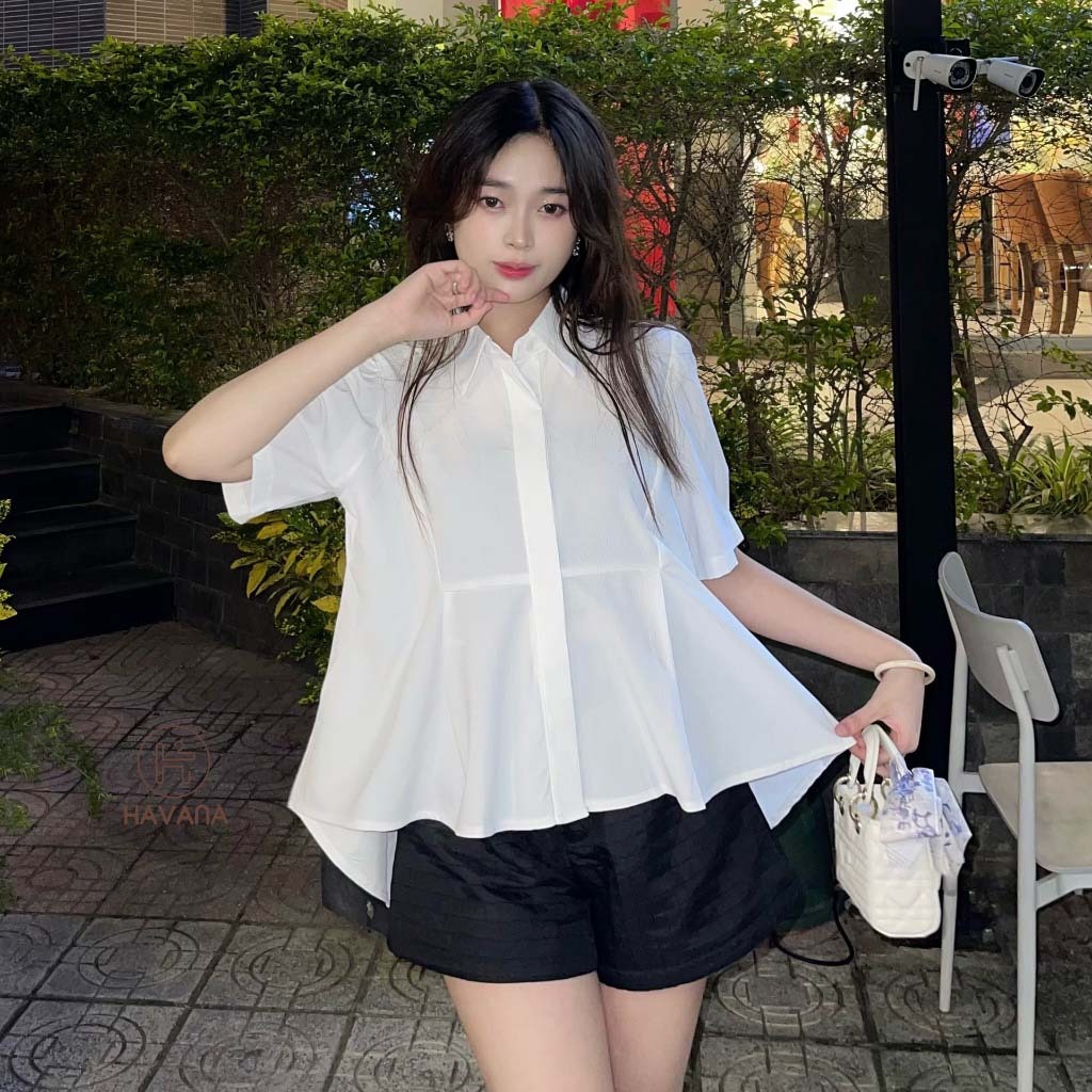 Áo babydoll cổ sơ mi tay ngắn vạt xòe dáng ngắn màu vintage MAILYLY STORE áo sơ mi dáng ngắn formbabydoll | BigBuy360 - bigbuy360.vn