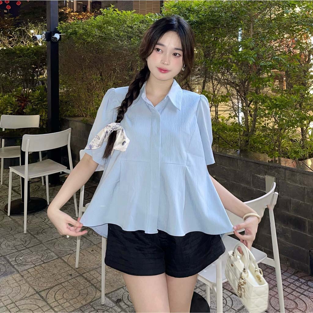 Áo babydoll cổ sơ mi tay ngắn vạt xòe dáng ngắn màu vintage MAILYLY STORE áo sơ mi dáng ngắn formbabydoll | BigBuy360 - bigbuy360.vn