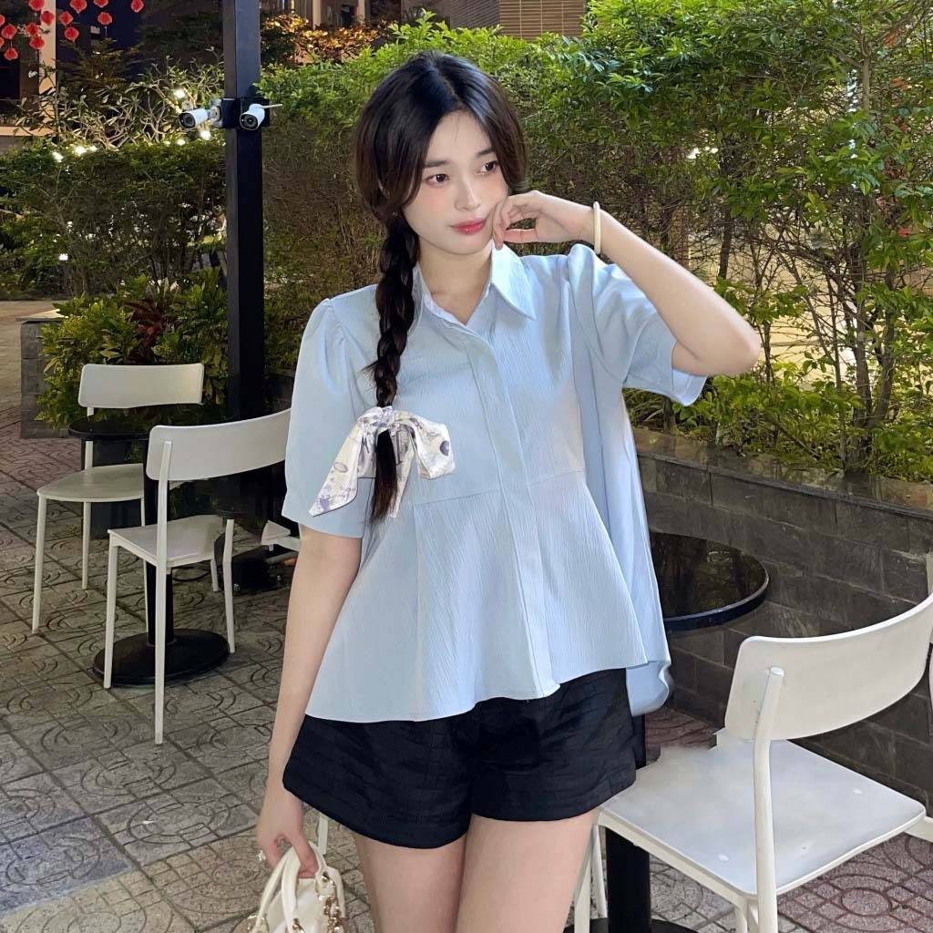 Áo babydoll cổ sơ mi tay ngắn vạt xòe dáng ngắn màu vintage MAILYLY STORE áo sơ mi dáng ngắn formbabydoll | BigBuy360 - bigbuy360.vn