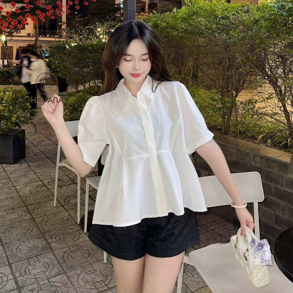 Áo babydoll cổ sơ mi tay ngắn vạt xòe dáng ngắn màu vintage MAILYLY STORE áo sơ mi dáng ngắn formbabydoll | BigBuy360 - bigbuy360.vn