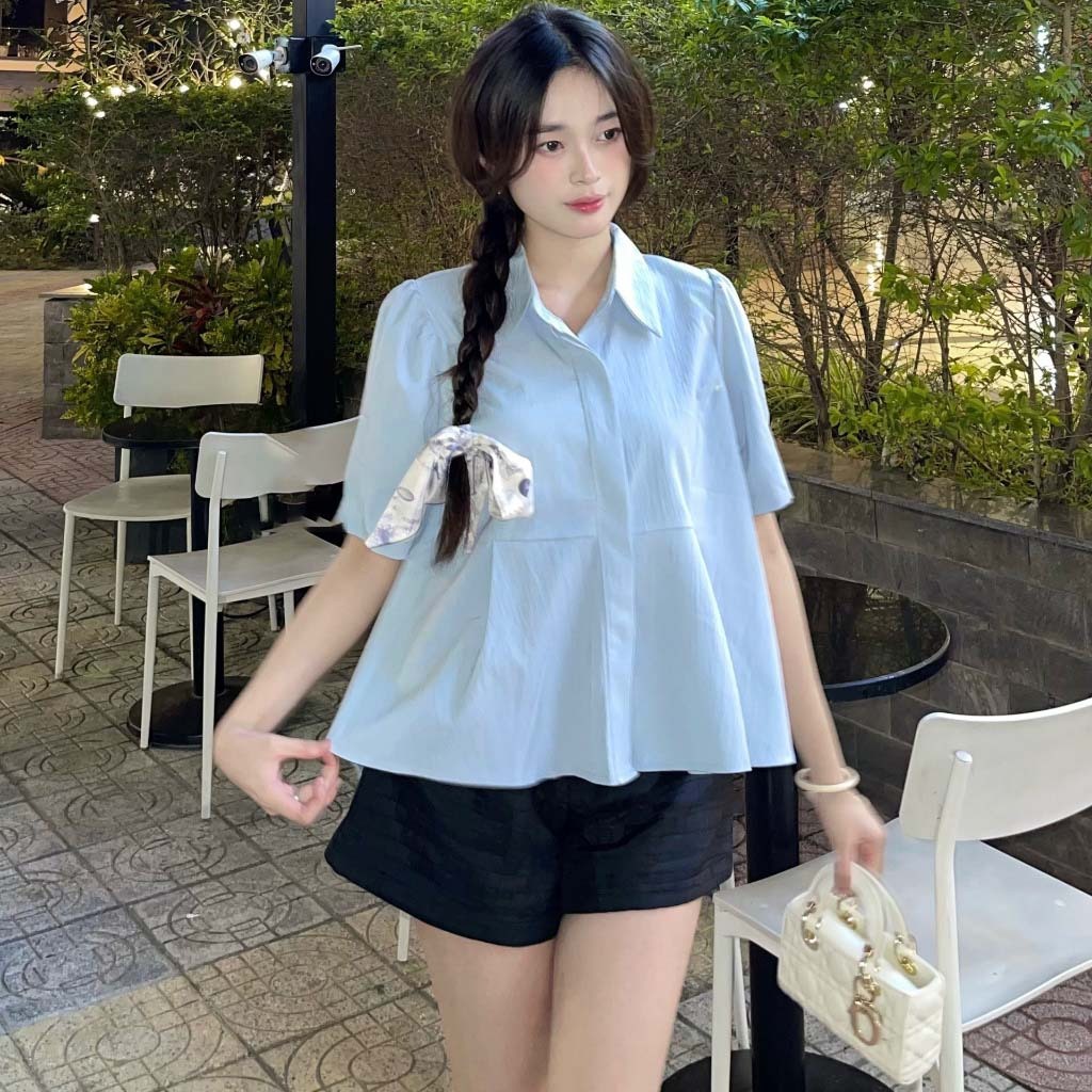 Áo babydoll cổ sơ mi tay ngắn vạt xòe dáng ngắn màu vintage MAILYLY STORE áo sơ mi dáng ngắn formbabydoll | BigBuy360 - bigbuy360.vn