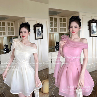 Váy tơ lệch vai hoa 2 lớp