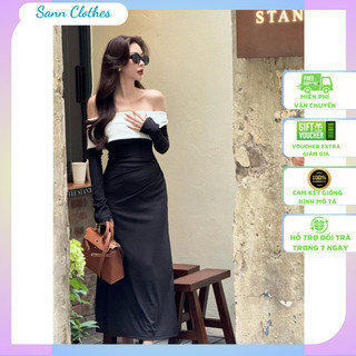 Đầm trễ vai nữ phối vạt với thiết kế ôm body tay dài màu đen trắng