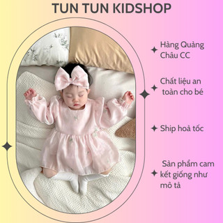 Body váy voan hồng organza thêu hoa nhí tặng turban nơ