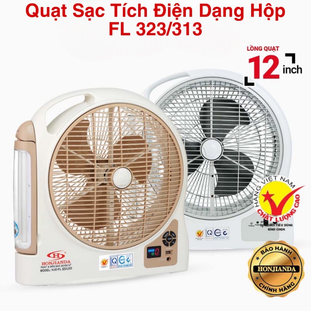 Quạt sạc tích điện dạng hộp HJD-FL323 313 1 bình-2 bình có đèn LED &USB