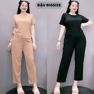 Set đồ bộ Đậu Bigsize nữ tay ngắn kèm dây rút thắt eo một bên phối quần dài suông chất thun đũi - SET62