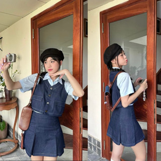 [S2.667] Set 3 Món Chỉ Nổi Áo Sơmi Thô Xanh Mix Gile Bò Túi Hộp + Chân Váy Chữ A Cá Tính (kèm ảnh thật)