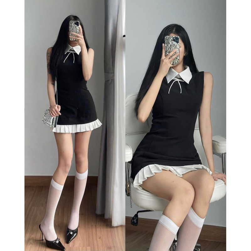 [V1.612] Váy Tuyết Mưa Cổ Sơmi Trắng Phối Chân Xếp Ly Kèm 2 Nơ Sang Chảnh | BigBuy360 - bigbuy360.vn