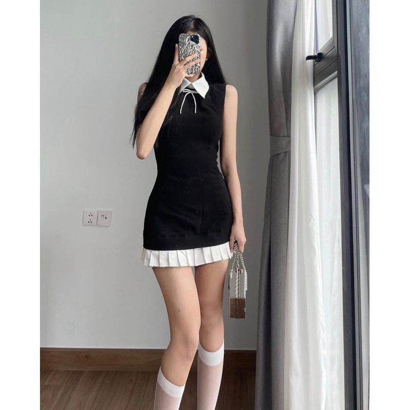 [V1.612] Váy Tuyết Mưa Cổ Sơmi Trắng Phối Chân Xếp Ly Kèm 2 Nơ Sang Chảnh | BigBuy360 - bigbuy360.vn