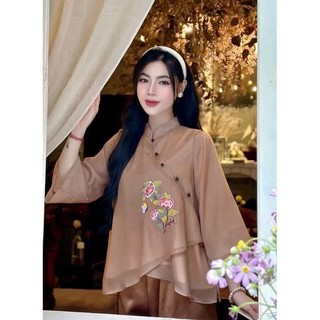 BIGSIZE HIẾU HIẾU (55-95KG) - Set bộ lam truyền thống cổ tàu thêu hoa đắp chéo kèm quần lụa dài