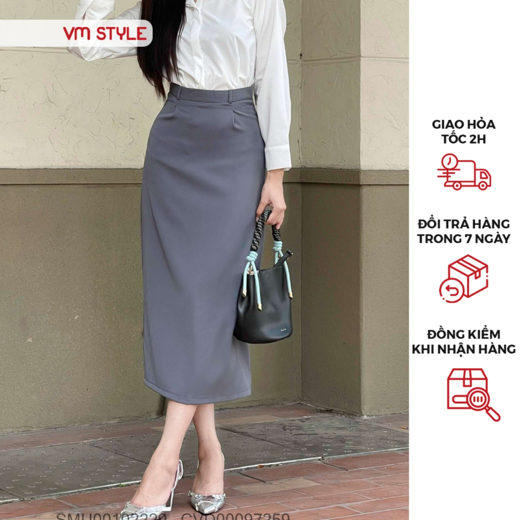 Chân váy nữ VMSTYLE dáng dài form chữ A trơn xẻ sau basic, thanh lịch, công sở đi học, đi làm 0544 - CVD00097