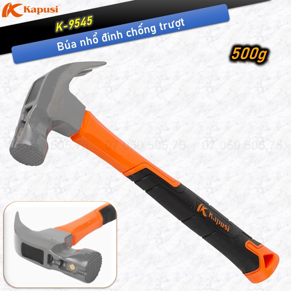 Búa nhổ đinh chống trượt Kapusi K-9545 búa đóng đinh chống trượt thép carbon đầu nặng 500g, búa đinh